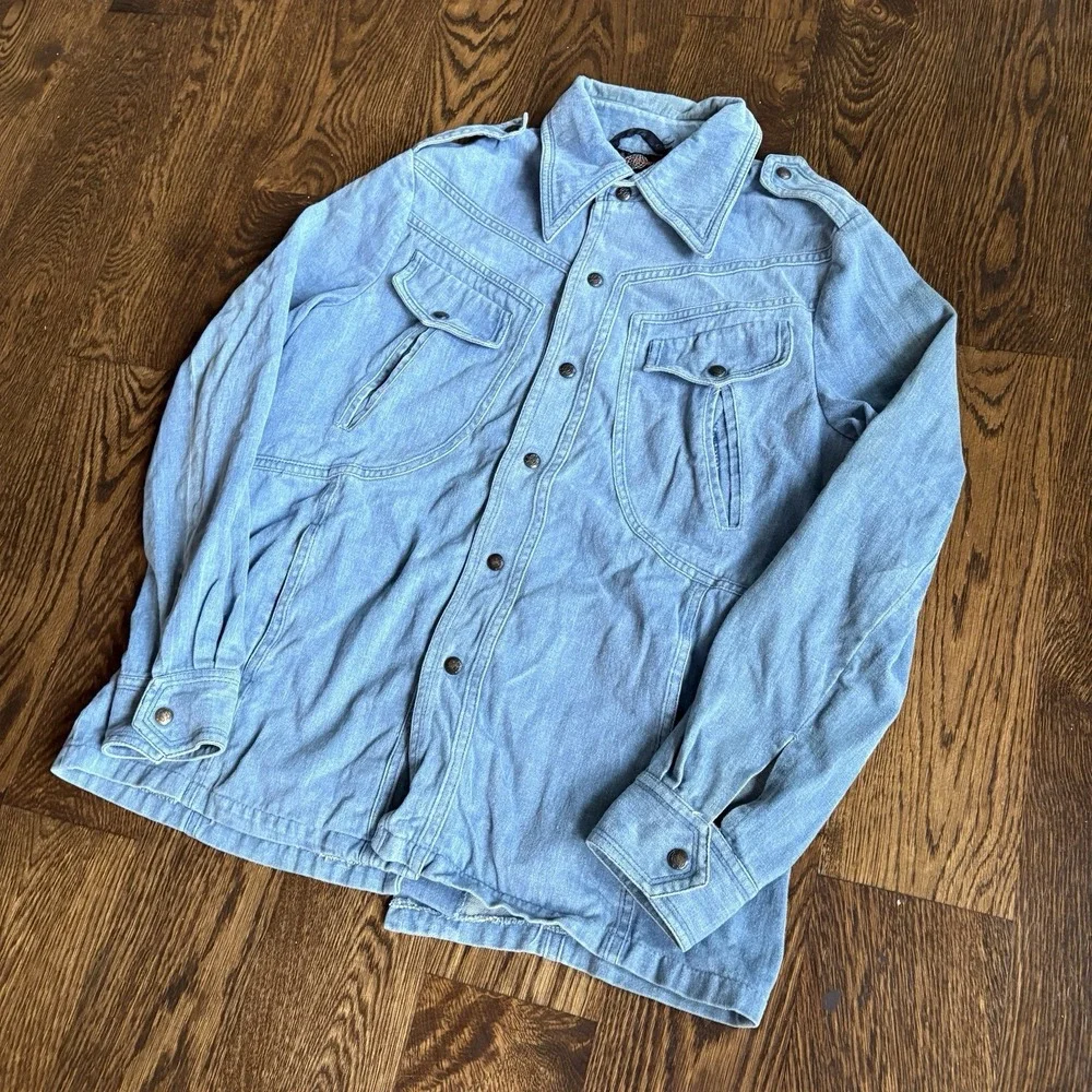 Vtg 70s Denim Safari Jacket Hong Kong Dagger Collar Epaulettes Workwear Coat 42